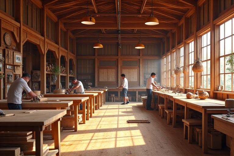 A warm, well-lit workshop with craftspeople working on wooden furniture pieces, showcasing the art of traditional Irish woodworking.