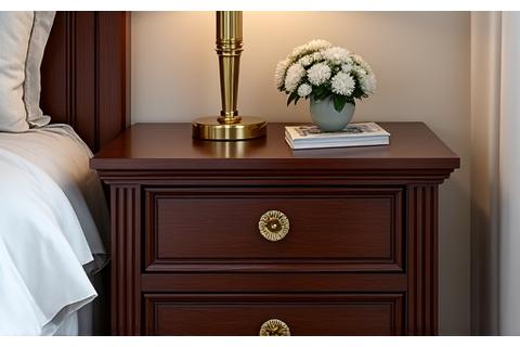 Elegant wooden bedside cabinet with brass handles.