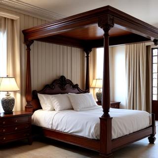 Hand-carved wooden canopy bed frame in a master bedroom