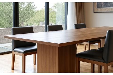 Custom-made solid oak dining table with modern chairs.