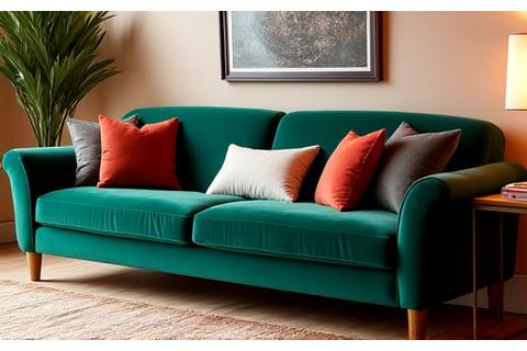 Luxurious custom velvet sofa in a bright living room.