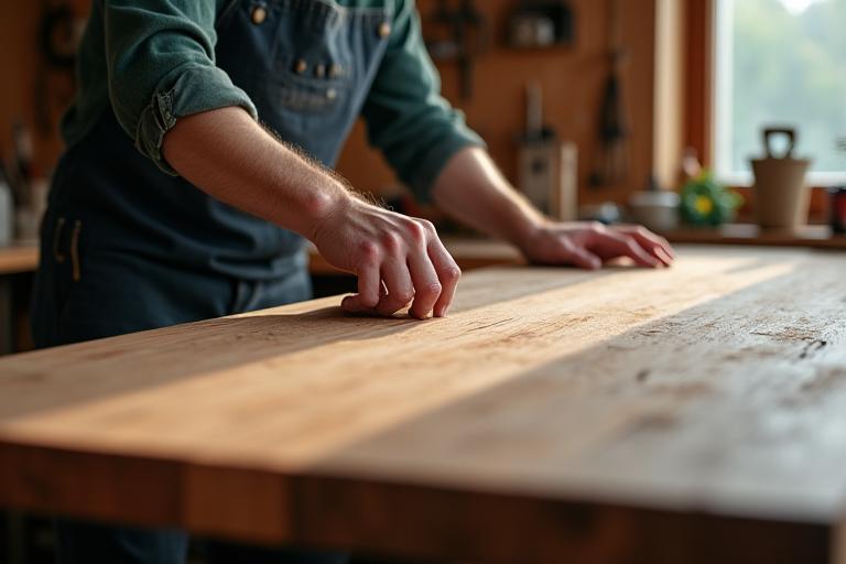 Craftsman working on a custom wooden table, illustrating bespoke furniture design service