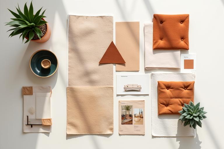 Interior design mood board with fabric swatches, paint samples, and furniture images, representing design consultation