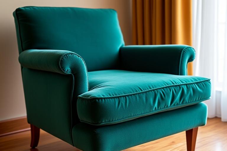 Restored armchair with new elegant upholstery and polished wooden frame (After Restoration)