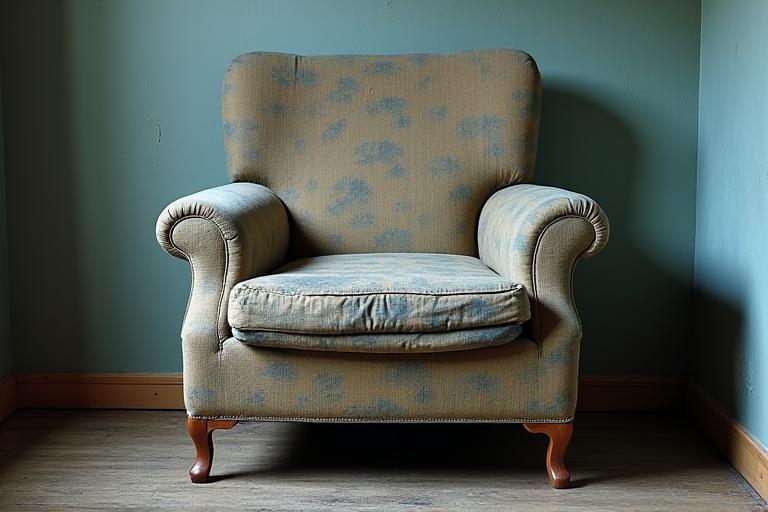 Old, worn-out armchair with faded upholstery and scratches on wooden frame (Before Restoration)